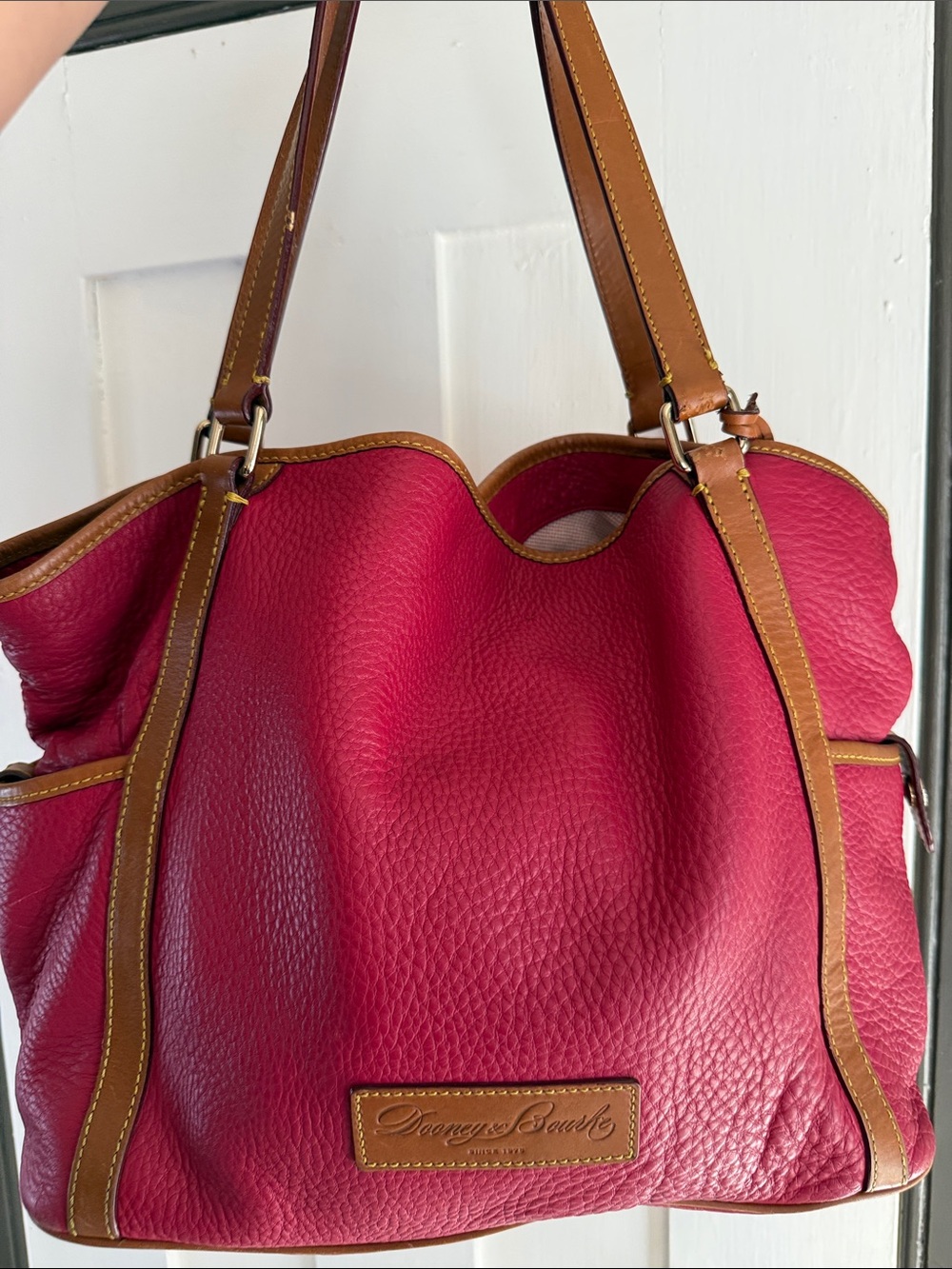 Dooney & Bourke Deep Rose Pebbled Leather Shoulder Bag with Tan Trim